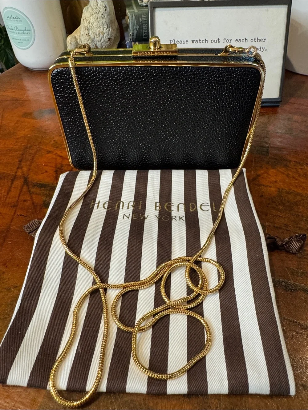 henri bendel Black Textured Leather Box Clutch with Gold Chain Strap